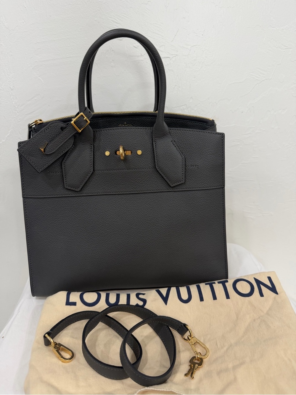 Louis Vuitton dark grey Leather Satchel city steamer xl with Gold Hardware